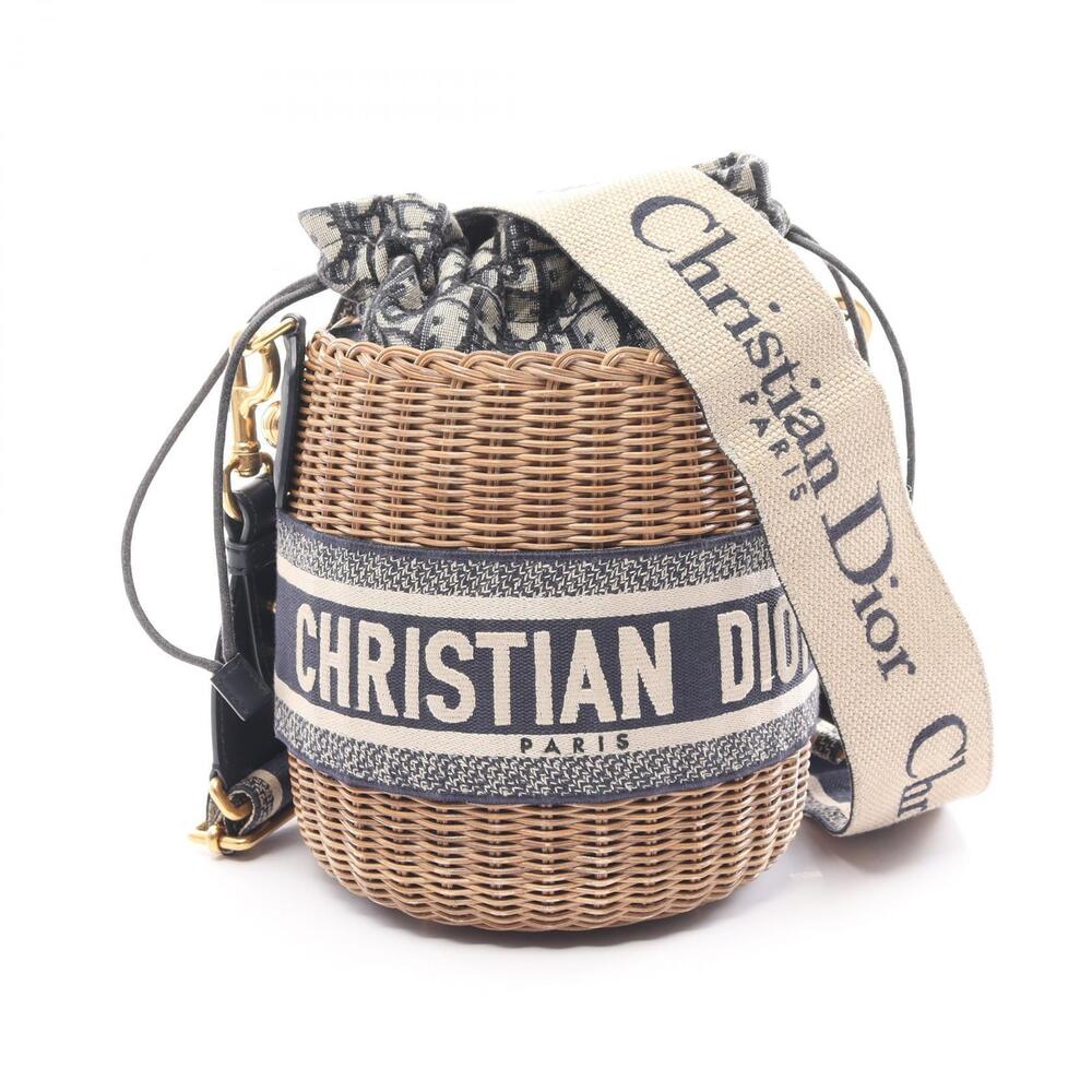 Christian Dior Oblique Wicker Canvas Leather Rattan Shoulder Bag Navy Blue Beige